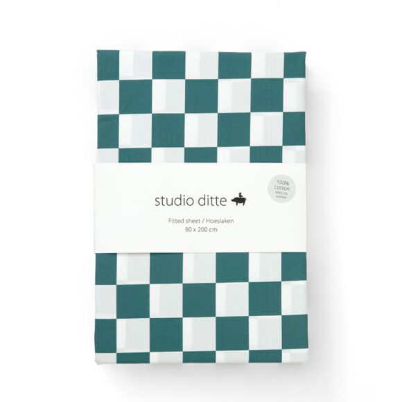 Studio Ditte – Hoeslaken – Blokjes Petrol Green – 90 x 200 cm